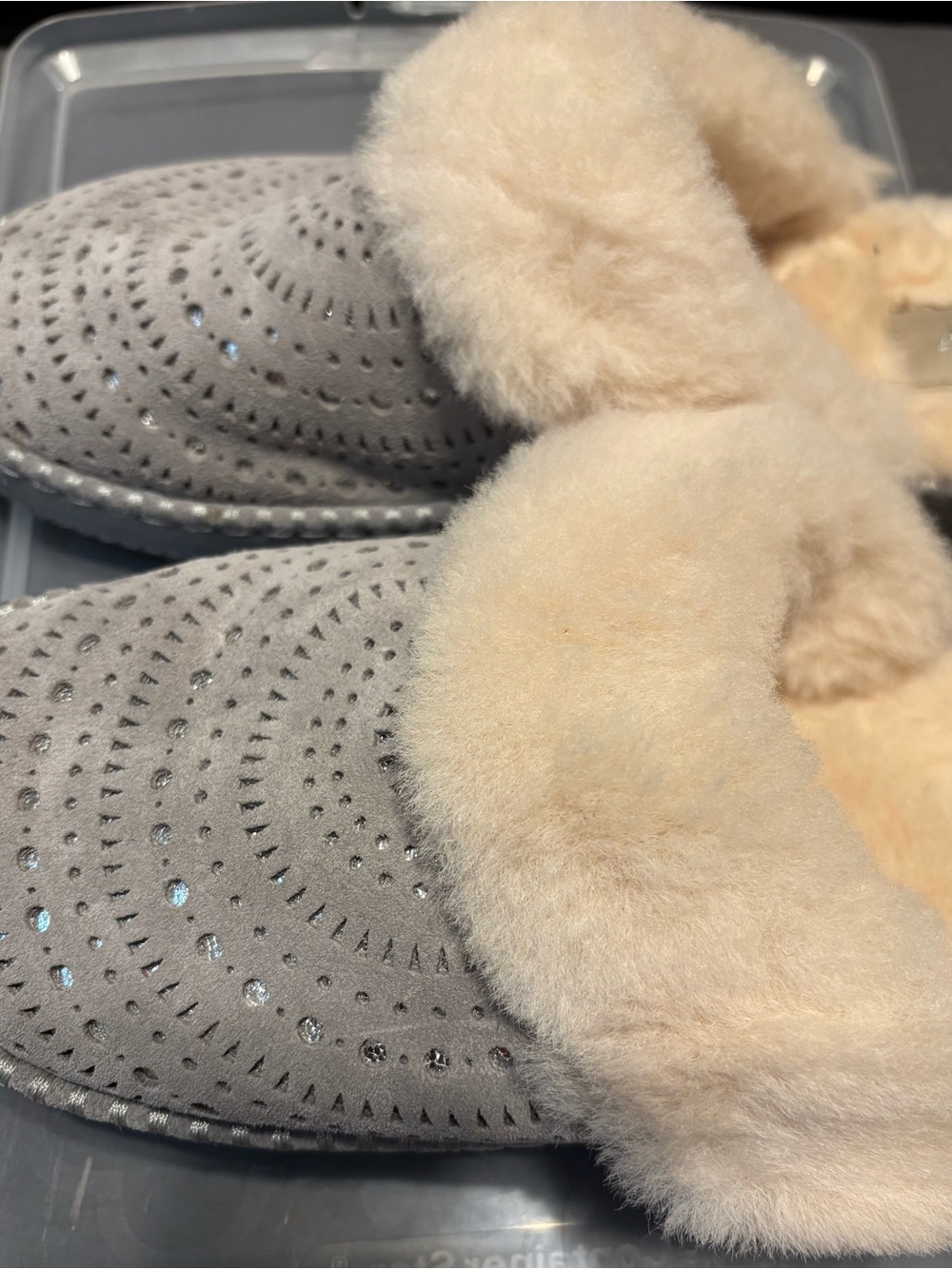 UGG Taupe Suede Slippers with Cream Shearling Cuff and Metallic Accents - Picture 2 of 3